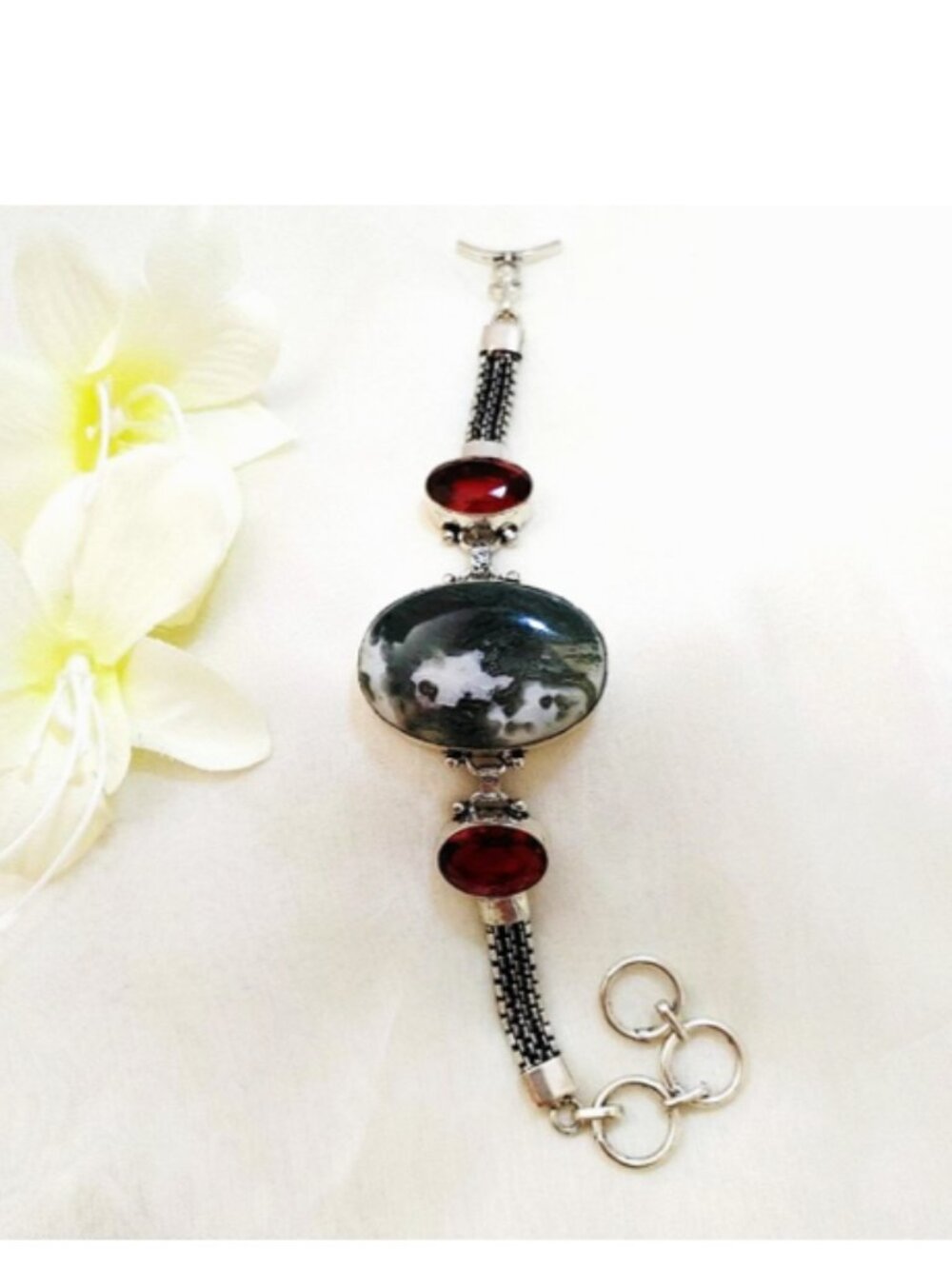 Moss Agate Garnet (br17) Bracelet Green Red Natural Gems 925 Silver Toggle 7"-8"